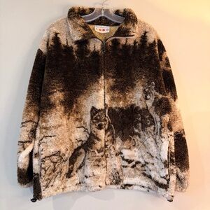 Vintage Wolf-Print Zip Jacket - Brown/Beige